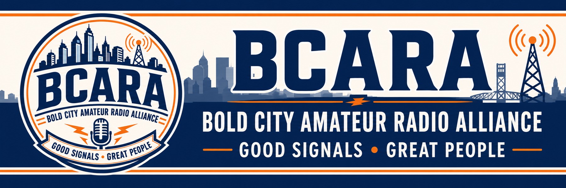 Bold City Amateur Radio Alliance banner with the BCARA emblem, Jacksonville skyline, radio towers, and the slogan Good Signals, Great People.